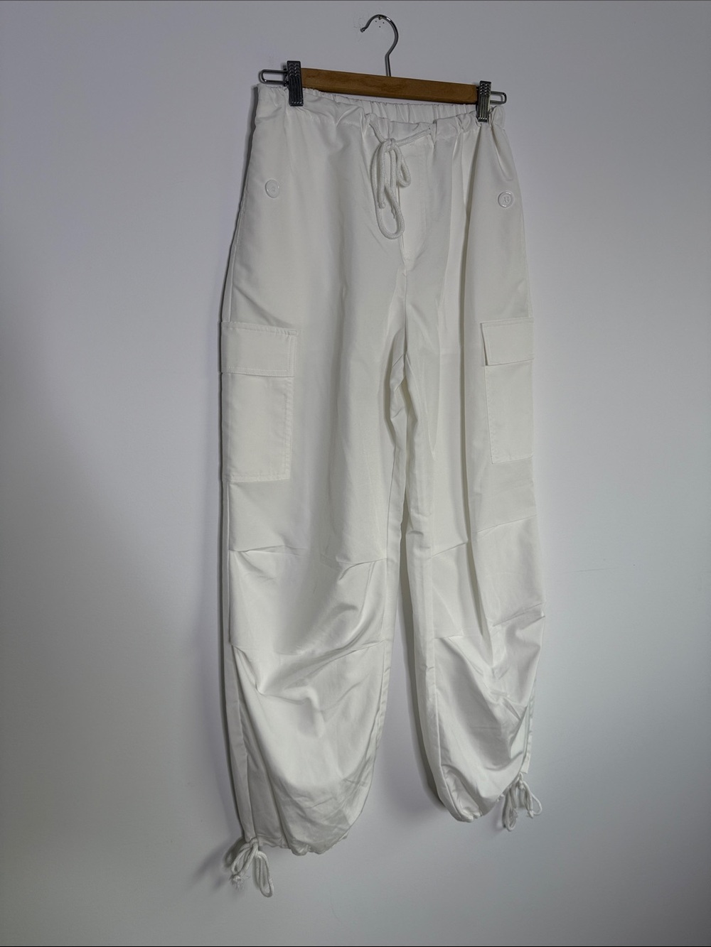 Women’s White Cargo Jogger Pants - Drawstring Hem